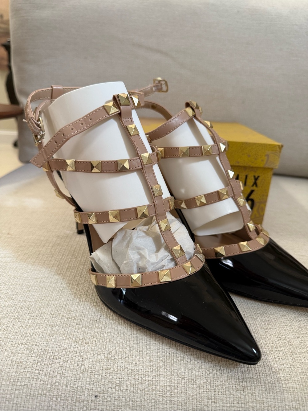 Mix No. 6 Black Patent Pointed Heels with Nude Studded Strap Cage